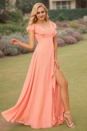 A-Line/Princess Chiffon Ruffles V-neck Sleeveless Floor-Length Bridesmaid Dresses