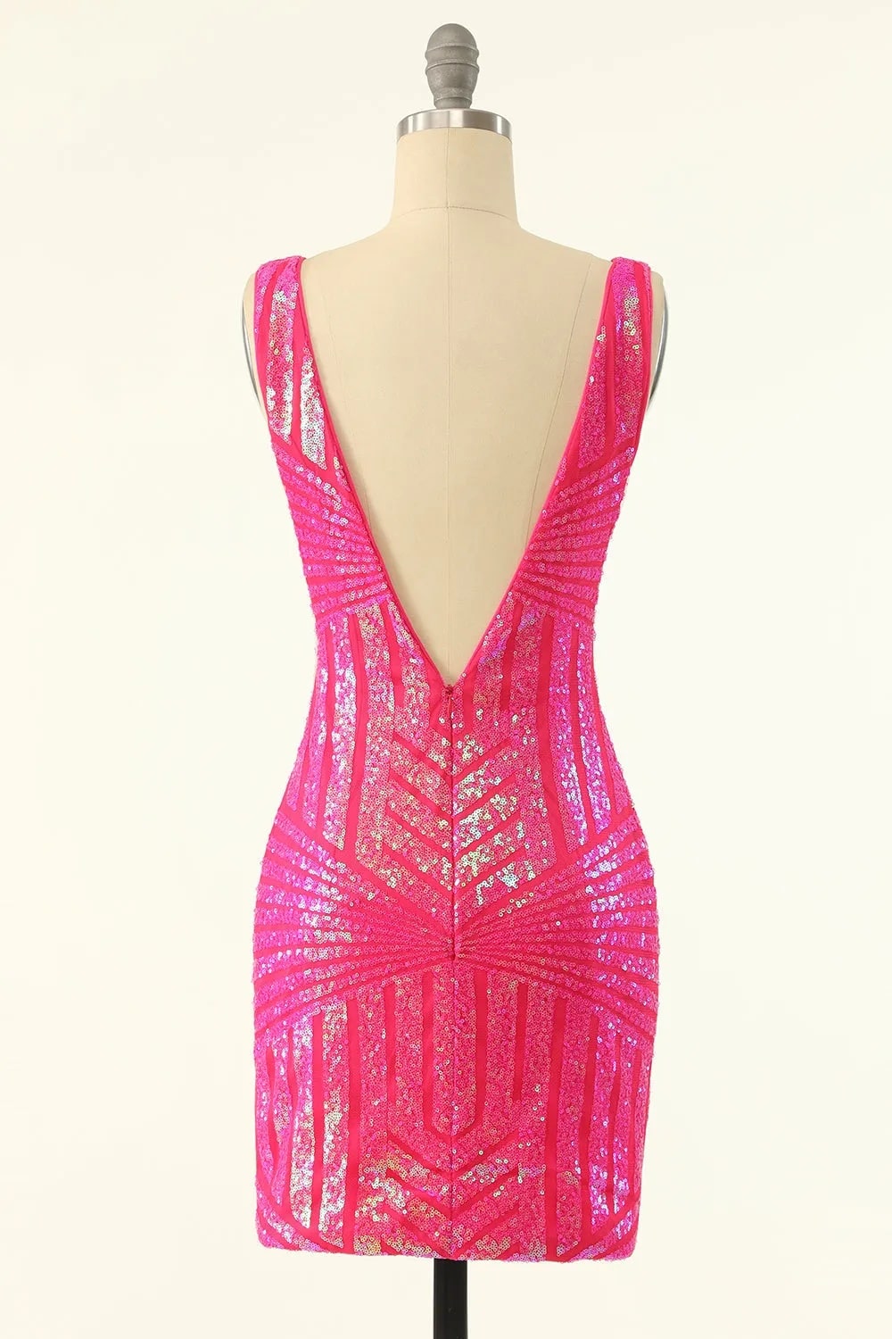 Fuchsia Sequins Dresses V-Neck Tight Homecoming Dress