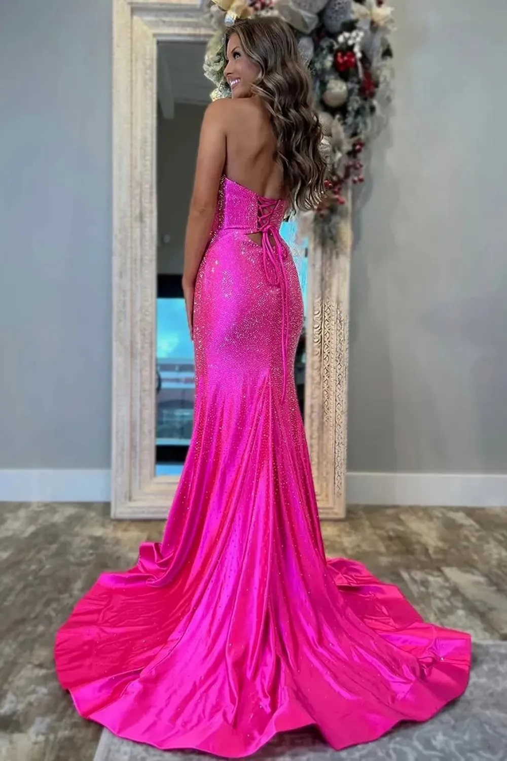 Mermaid Glitter Yellow Sweetheart Cut-out Long Prom Dress with Beading