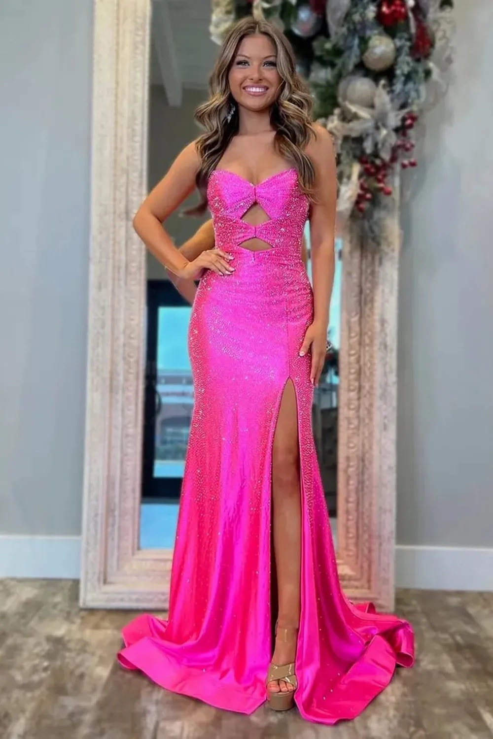 Mermaid Glitter Yellow Sweetheart Cut-out Long Prom Dress with Beading
