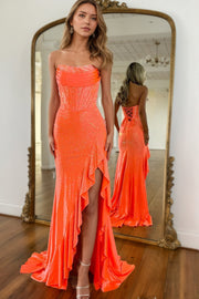 Mermaid Sparkly Orange Strapless Beaded Long Corset Prom Dress with Ruffles