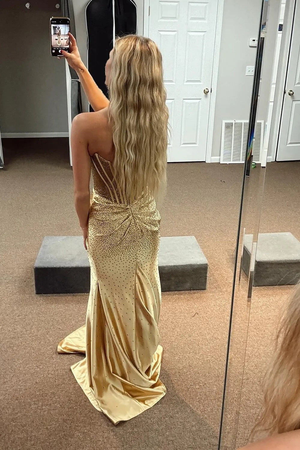 Mermaid Sparkly Golden Sweetheart Beaded Long Corset Prom Dress with Slit