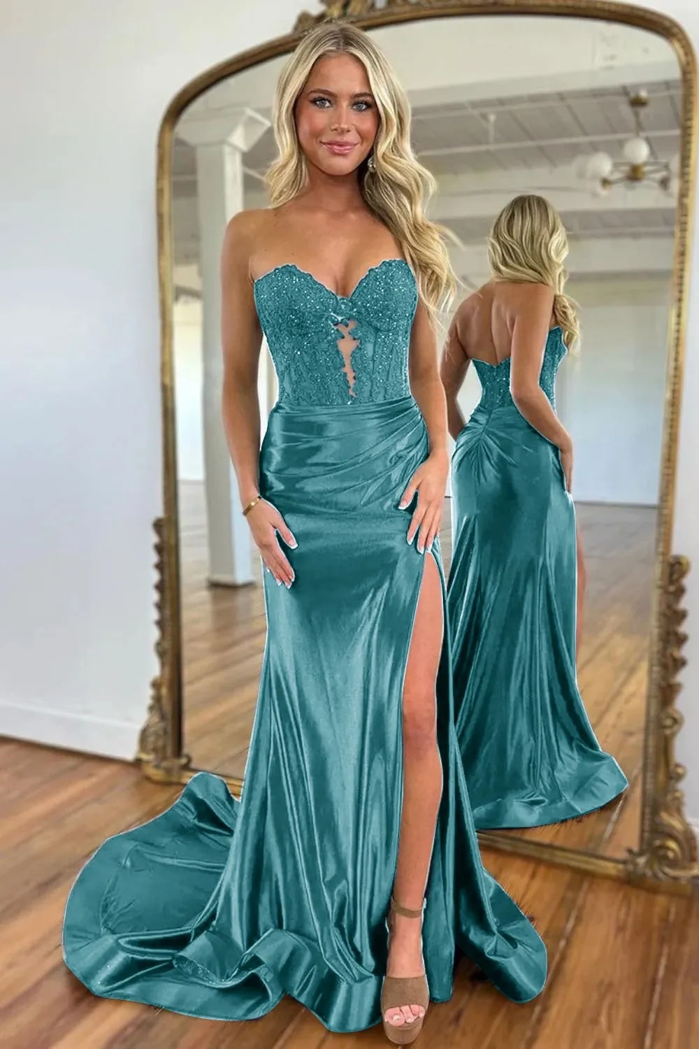 Mermaid  Navy Sweetheart Long Corset Prom Dress with Slit