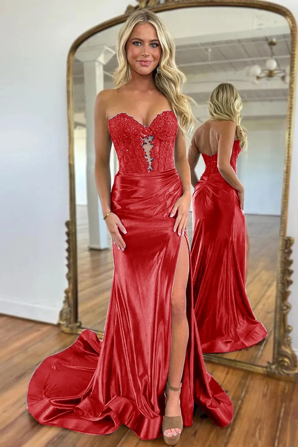 Mermaid  Navy Sweetheart Long Corset Prom Dress with Slit