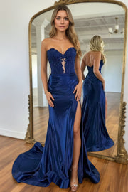 Mermaid  Navy Sweetheart Long Corset Prom Dress with Slit