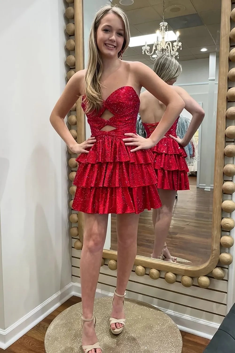 A Line Sparkly Royal Blue Satin Cut Out Tiered Short Homecoming Dress with Beading