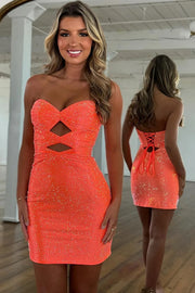 Sparkly Orange Beaded Cut Out Bodycon Short Homecoming Dress