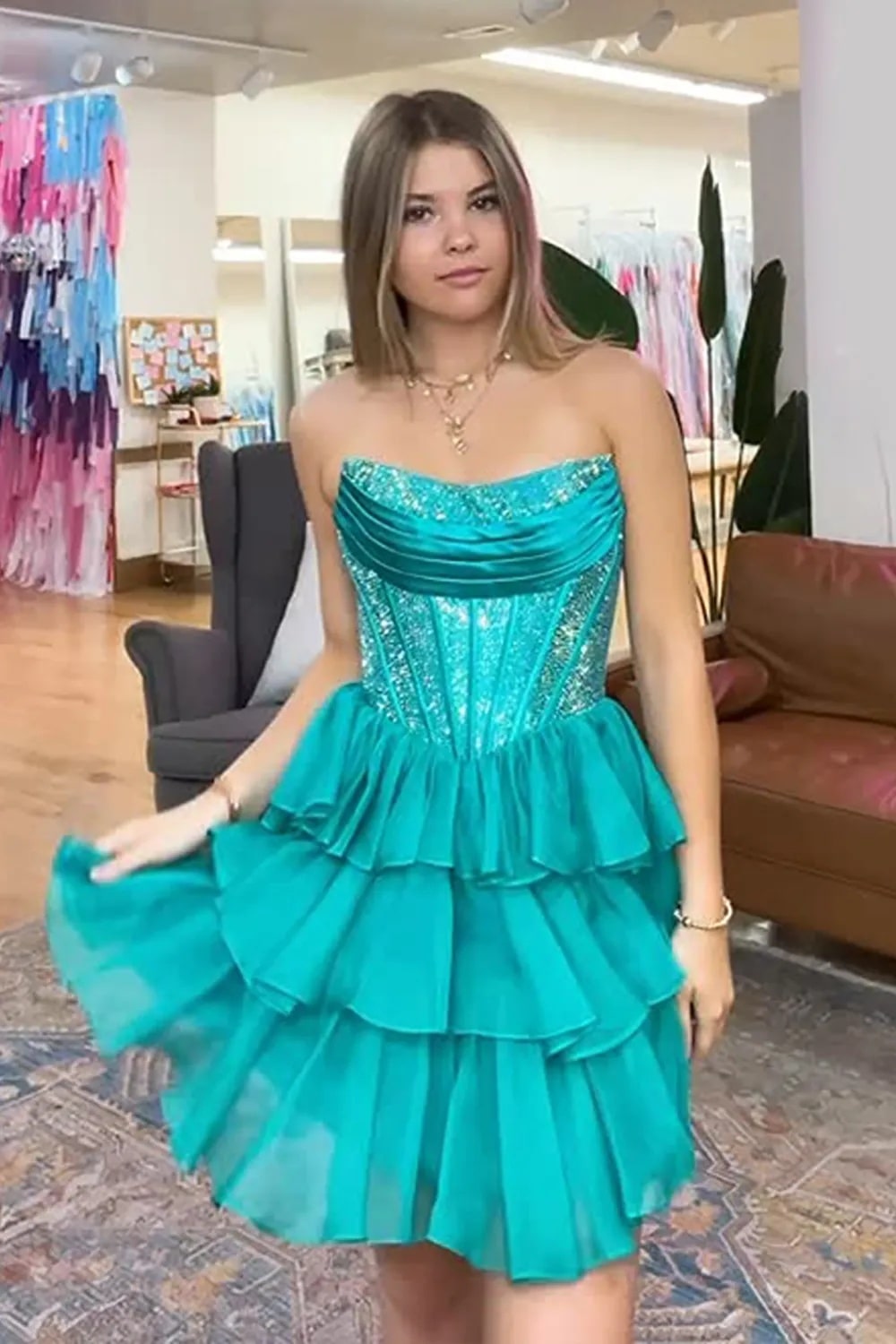 A Line Sparkly Yellow Strapless Beaded Short Corset Homecoming Dress with Ruffles