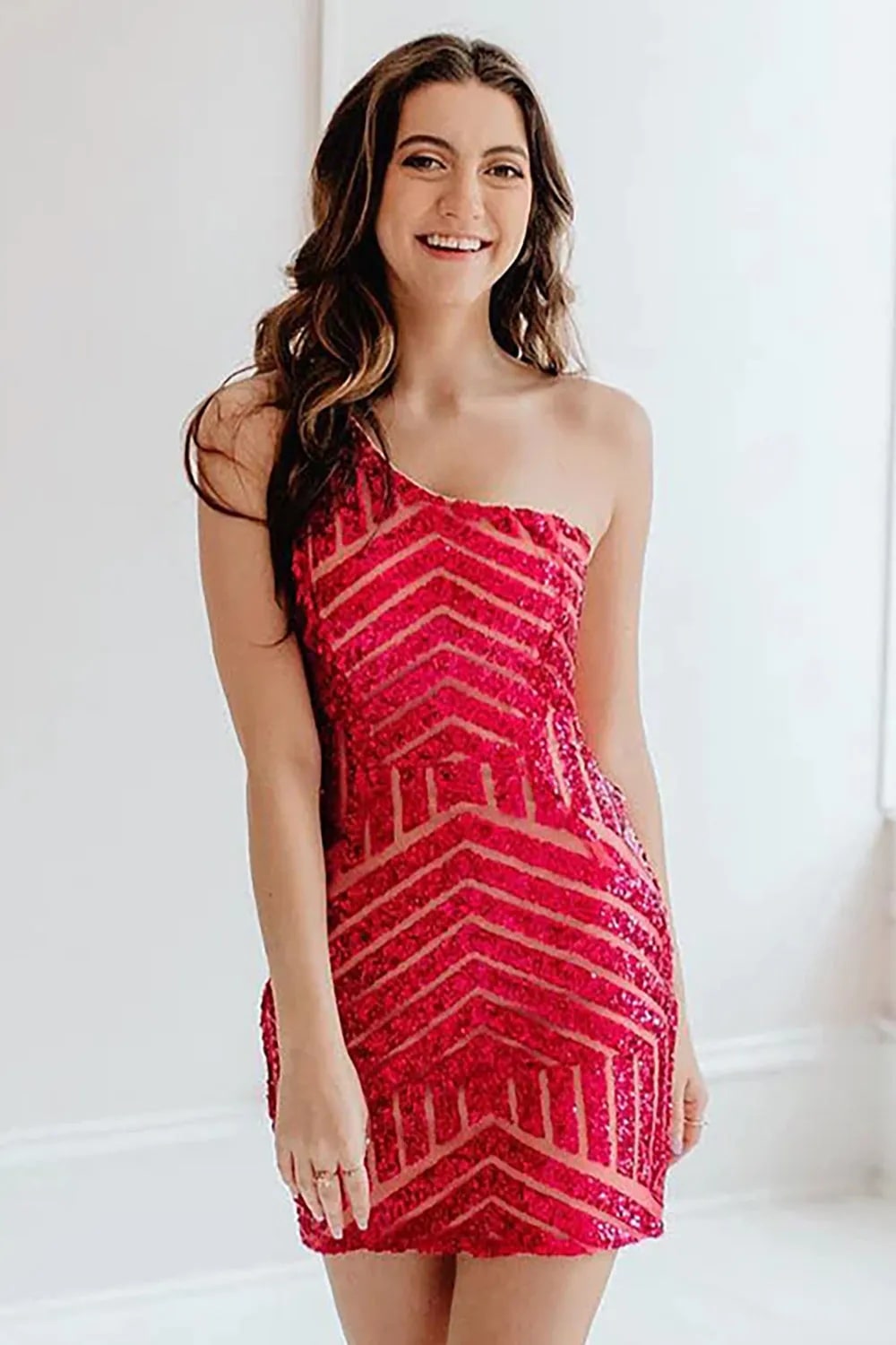 Fuchsia Sequins Dresses V-Neck Tight Homecoming Dress