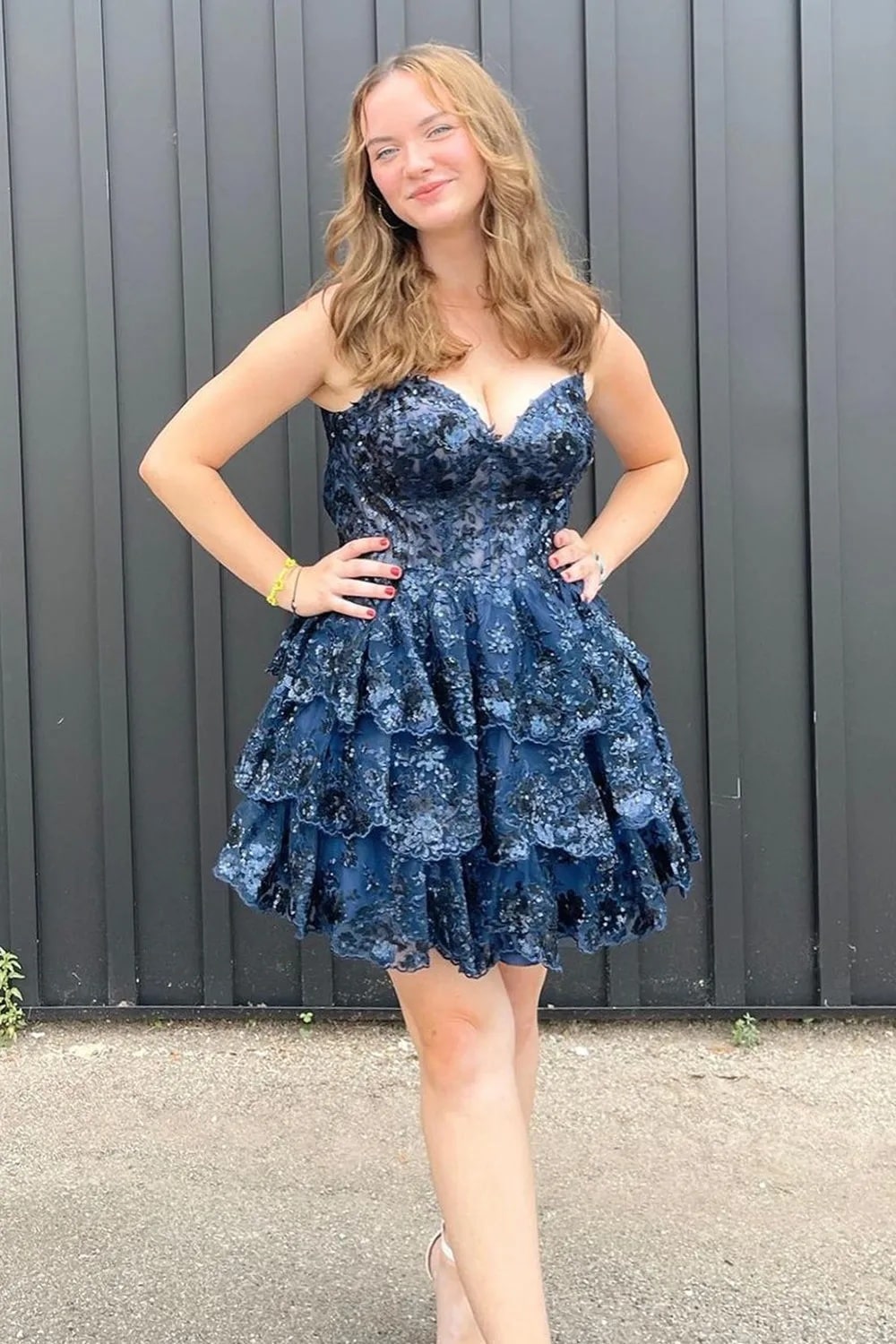 A Line Princess Spaghetti Straps Navy Corset Homecoming Dress with Ruffles