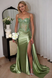Sheath/Column Silk Spaghetti Straps Green Appliqued Sleeveless Prom Dresses With Split