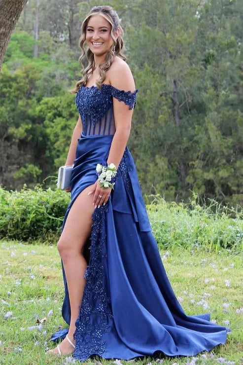 Sheath/Column Off the Shoulder Satin Beaded Prom Dress Burgundy With Appliques Prom Gown