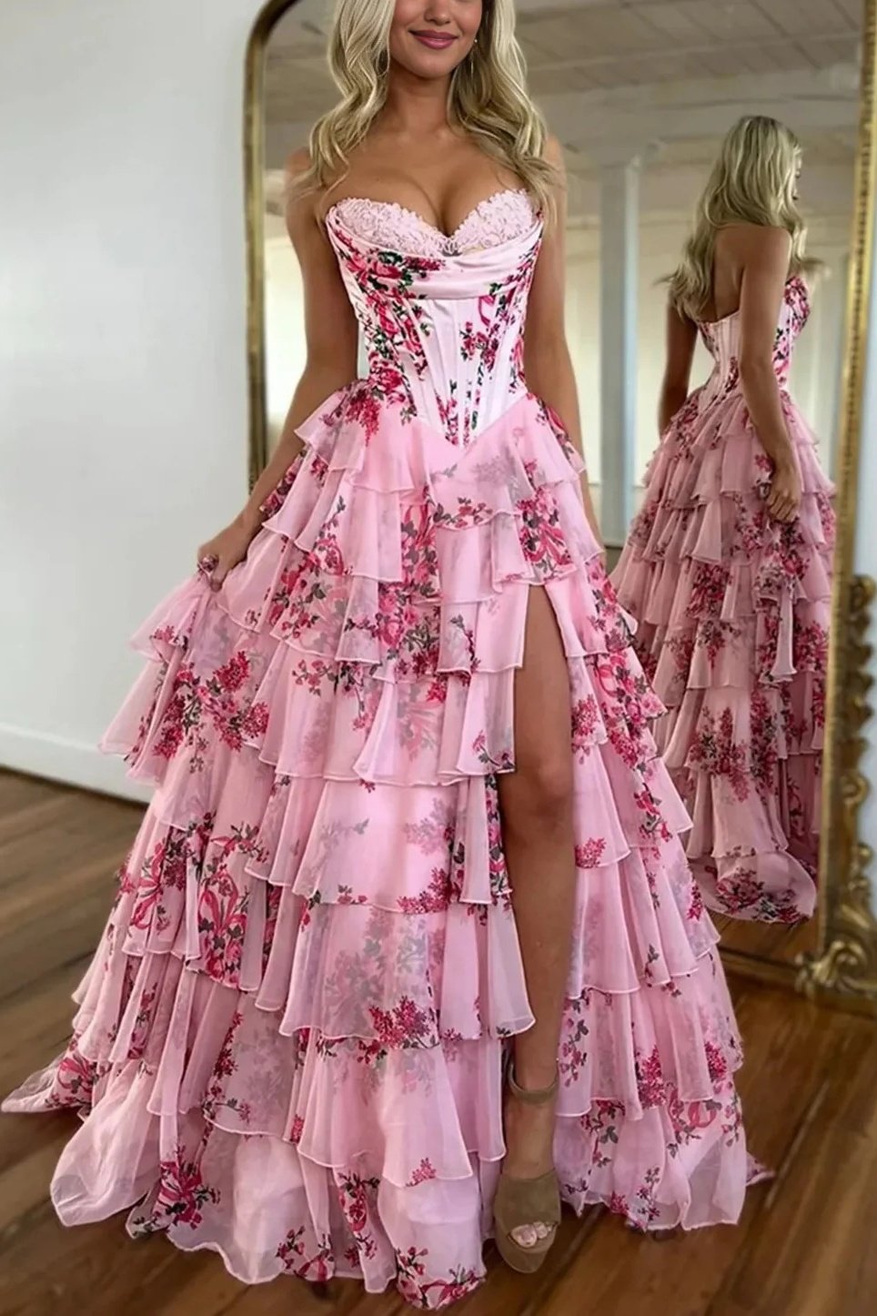 A-Line/Princess Floral Blush Tiered Chiffon Long Corset Prom Dress with Slit