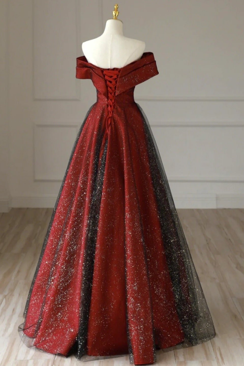 A-Line/Princess Satin and Black Tulle Long Formal Prom Dress Off the Shoulder Ball Gown