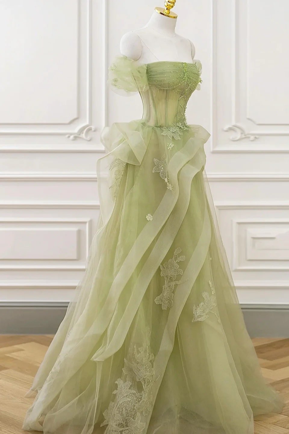 A-Line/Princess Green Tulle Long Floor Length Prom Dress Lace Evening Dress