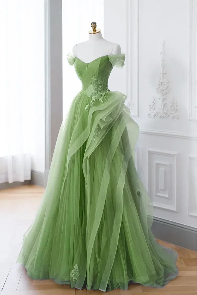 A-Line Blue Tulle Lace Long Formal Dress Off the Shoulder Formal Evening Dress