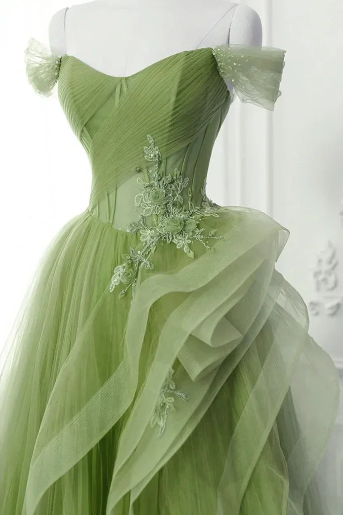 A-Line Blue Tulle Lace Long Formal Dress Off the Shoulder Formal Evening Dress