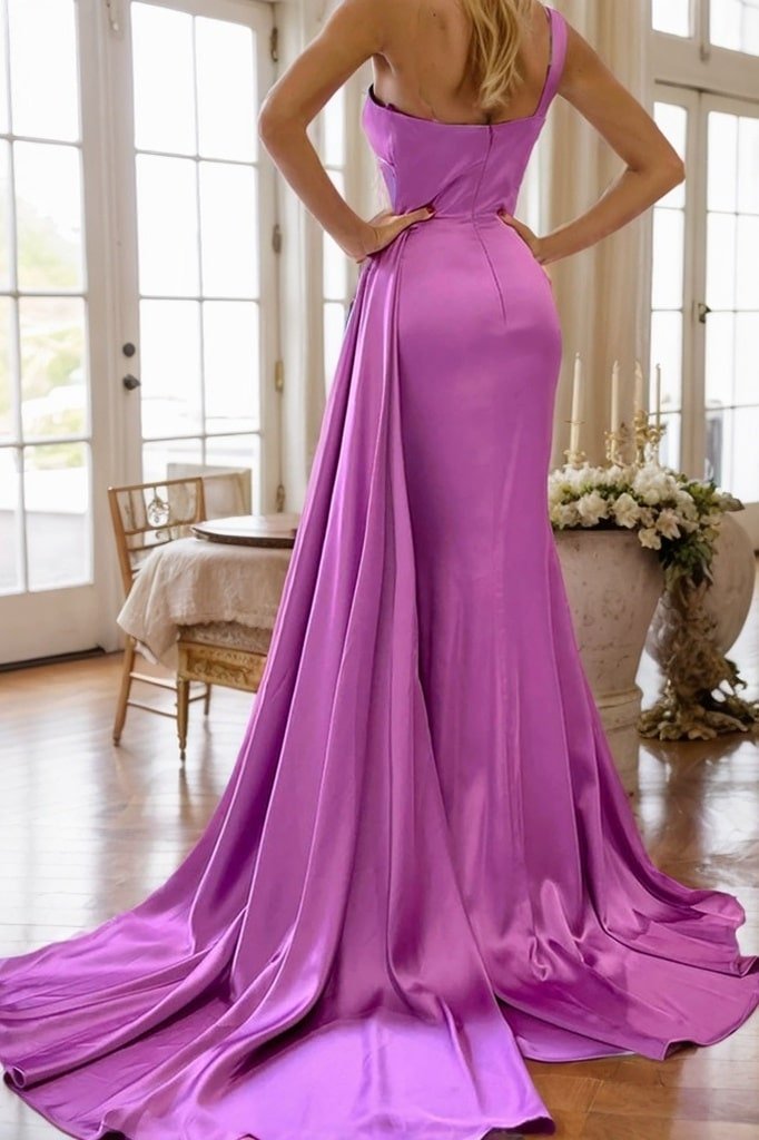 Trumpet/Mermaid One-Shoulder Sleeveless Sweep Train Satin Prom Dresses With Pleated