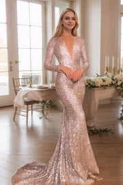 Trumpet/Mermaid Sequins Long Sleeves V-neck Court Train Ruffles  Prom Dresses