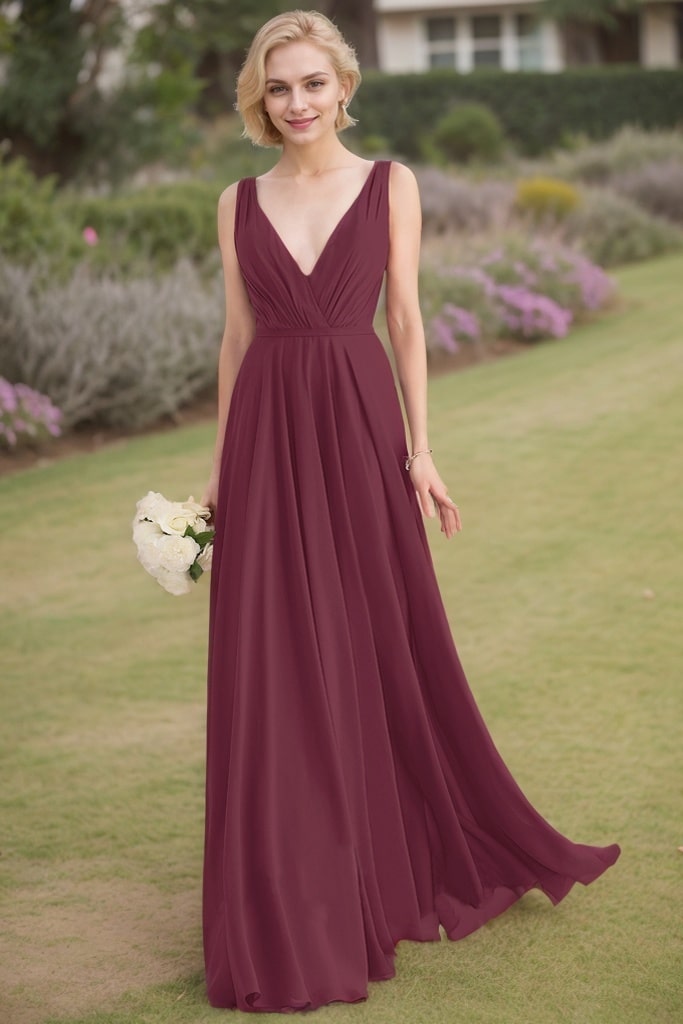 A-Line/Princess V-neck Sleeveless Ruched Floor-Length Chiffon Bridesmaid Dresses