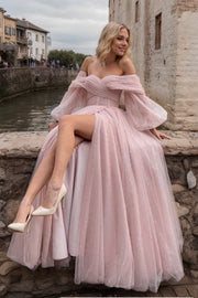 A-Line/Princess Tulle Ruched Off-the-Shoulder Long Sleeves Sweep/Brush Train Dresses