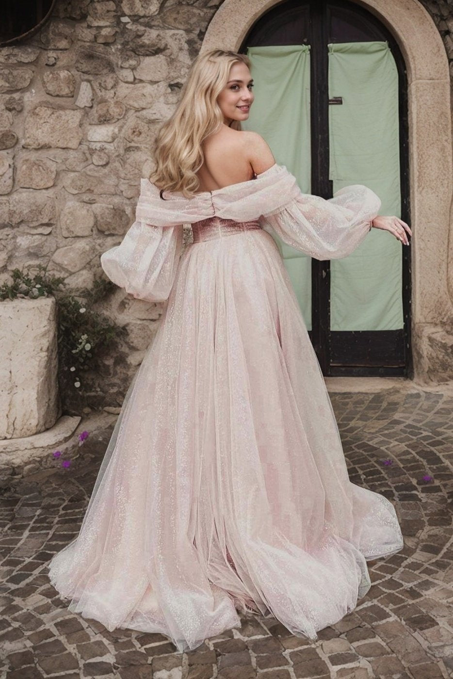 A-Line/Princess Tulle Ruched Off-the-Shoulder Long Sleeves Sweep/Brush Train Dresses