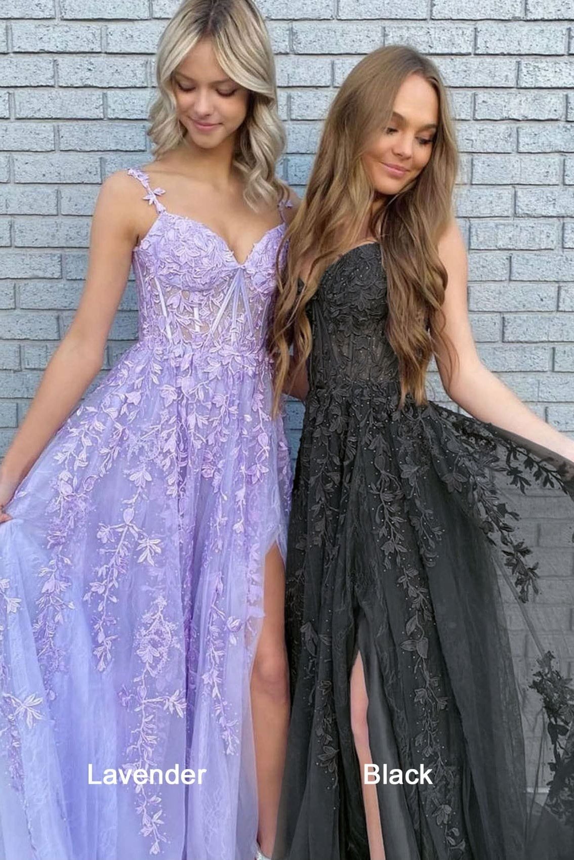 A-line V Neck Spaghetti Straps Long/Floor-Length Lace Prom Dress With Split