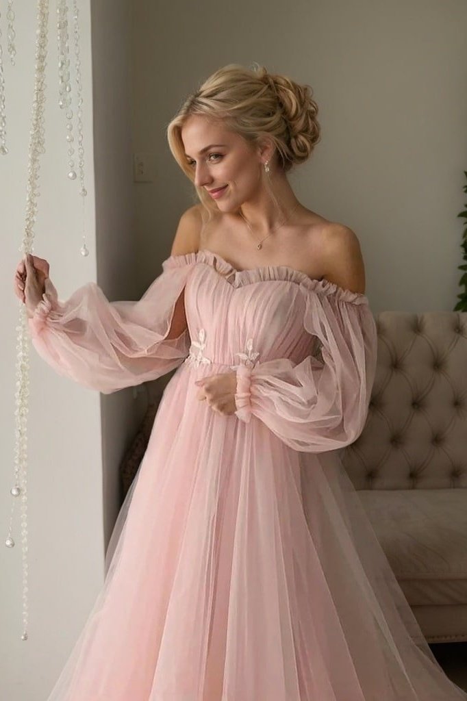 A-Line/Princess Tulle Applique Off-the-Shoulder Long Sleeves Floor-Length Prom Dresses