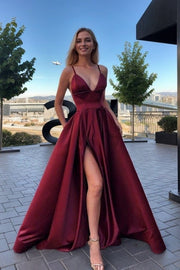 A-line V Neck Sleeveless Sweep Train Satin Prom Dress With Split Pockets