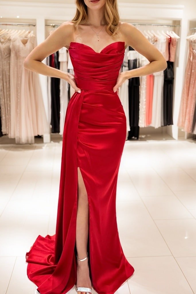 Sheath/Column Straight Satin Sleeveless Floor-length Prom Dresses With Ruched