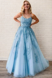 A-Line/Princess Tulle Applique Spaghetti Straps Sleeveless Floor-Length Prom Dresses