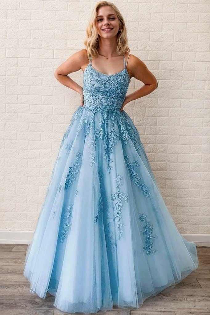 A-Line/Princess Tulle Applique Spaghetti Straps Sleeveless Floor-Length Prom Dresses