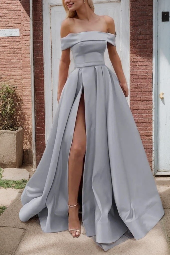 A-line Off-the-Shoulder Sleeveless Long/Floor-Length Satin Prom Dresses With Split
