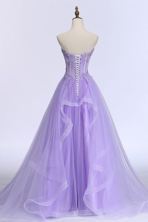 A-line/Princess Sweetheart Sleeveless Sweep Train Tulle Prom Dresses With Beading Appliqued