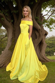 A-line/Princess Off-the-Shoulder Sleeveless Sweep Train Satin Prom Dresses With Low Back