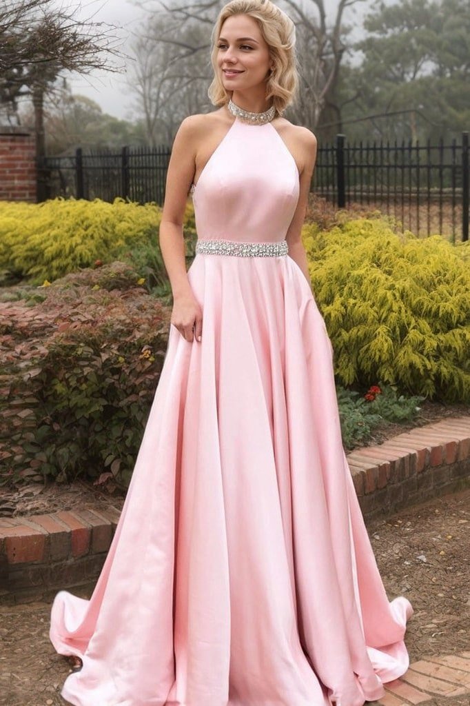 A-line/Princess High-Neck Sleeveless Sweep Train Satin Prom Dresses With Waistband Beading