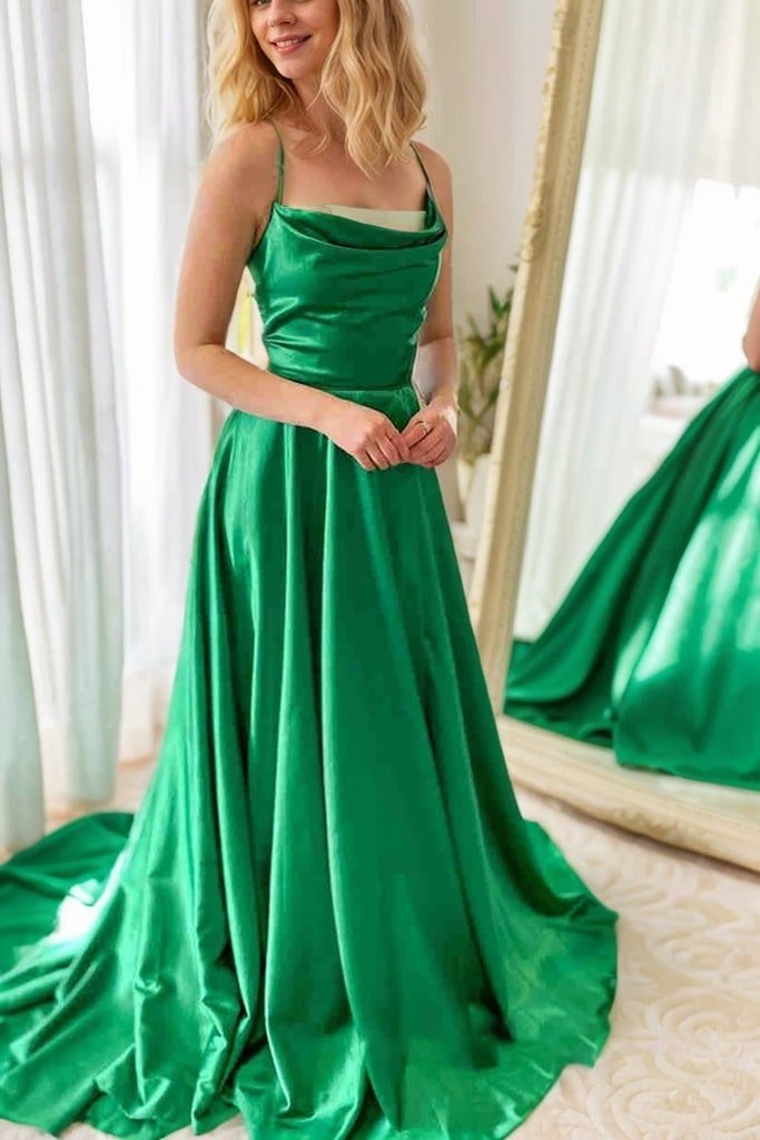 A-line Cowl Neck Spaghetti Straps Sweep Train Charmeuse Prom Dresses With Split Pockets Pleated
