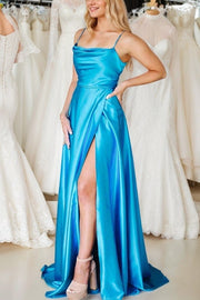 A-line Cowl Neck Spaghetti Straps Sweep Train Charmeuse Prom Dresses With Split Pockets Pleated