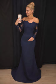 Elastic Satin Prom Dresses Trumpet/Mermaid Off-The-Shoulder Court Train With Lace