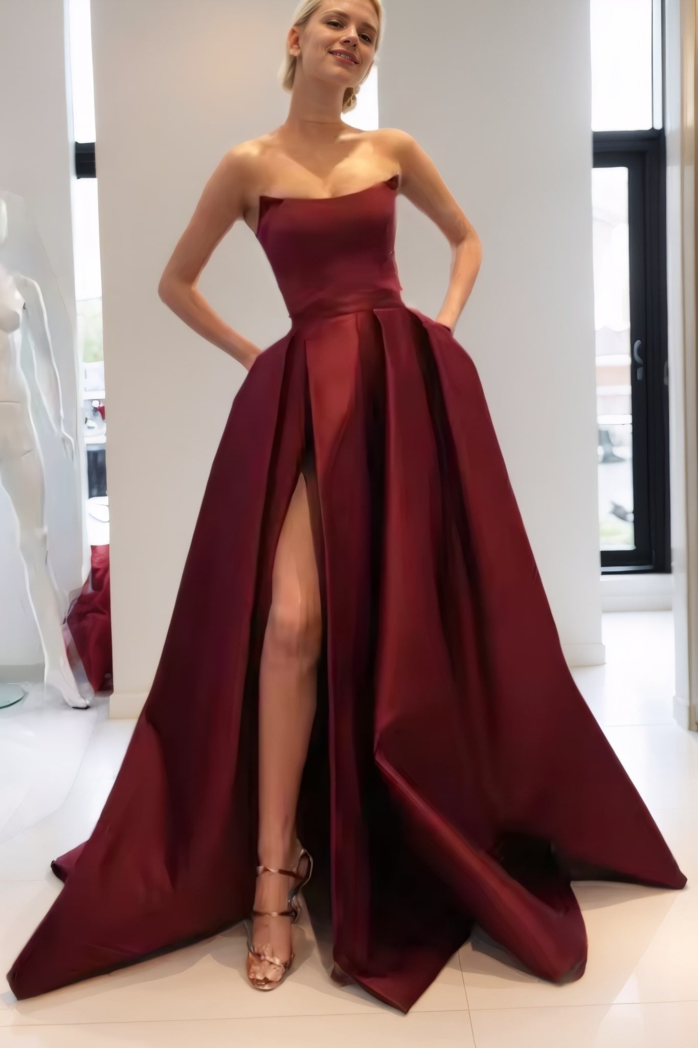 A-line Square Neckline Long/Floor-Length Satin Prom Dresses With Pockets Split