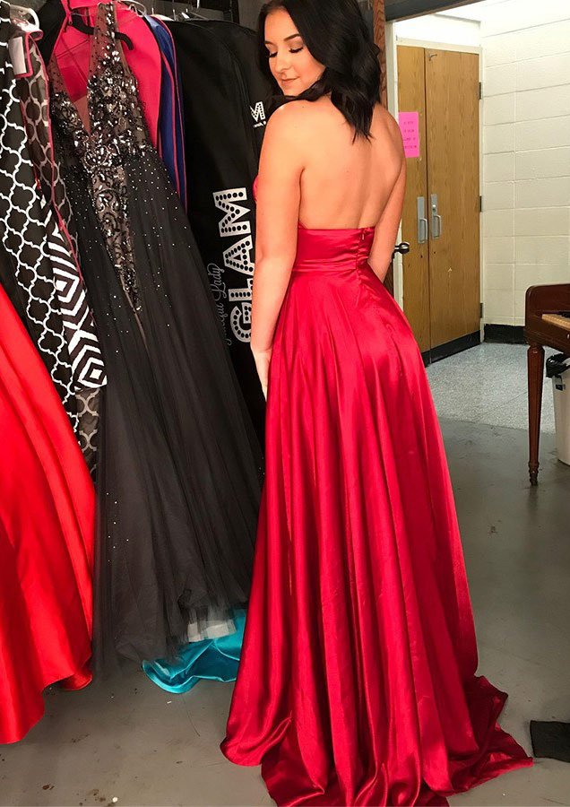 A-line/Princess Halter Sleeveless Sweep Train Charmeuse Prom Dresses With Split