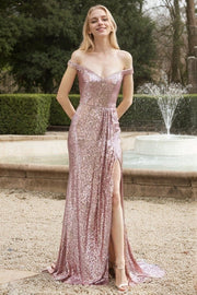 Sheath/Column Sequins Ruffles Off-the-Shoulder Sleeveless Sweep/Brush Train Prom Dresses