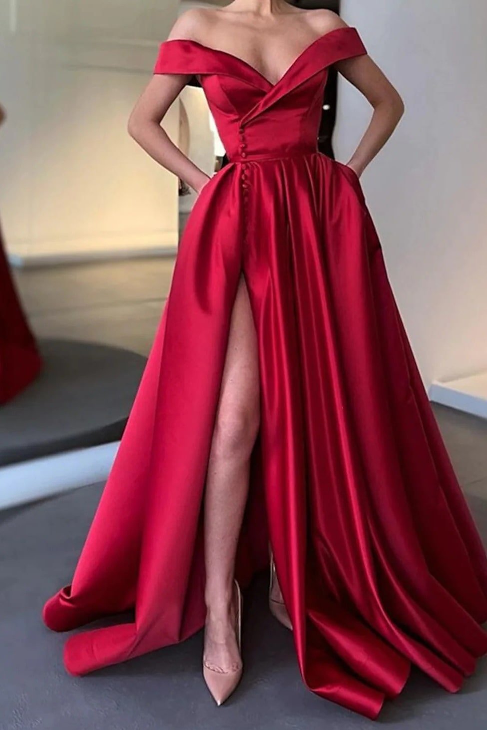 A-line Off-the-Shoulder Sweep Train Satin Prom Dresses With Pleated Pockets Split