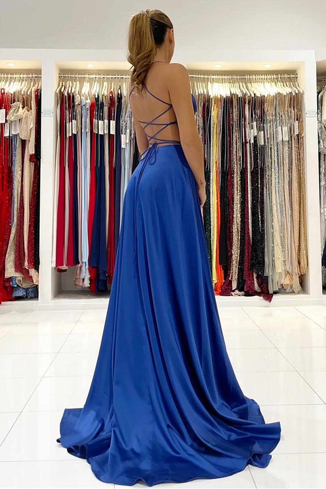 A-line V Neck Sleeveless Charmeuse Sweep Train Prom Dress With Split