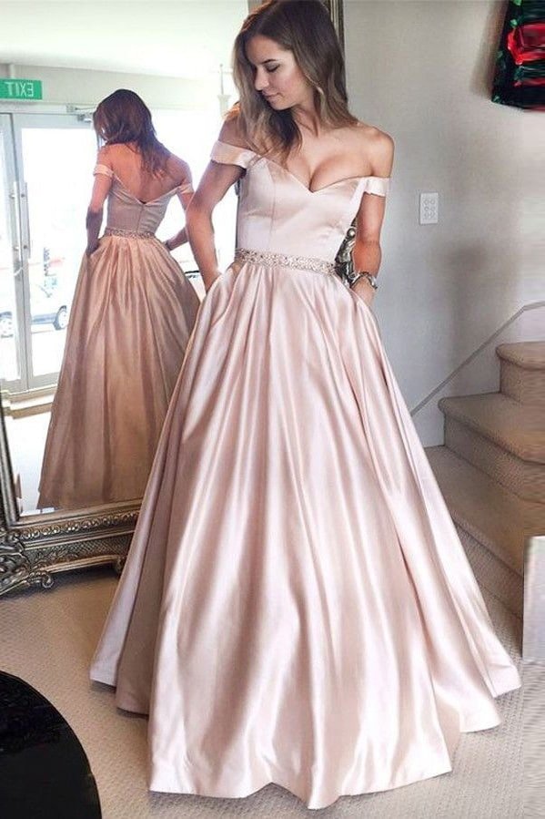 Satin Prom Dresses A-Line/Princess Off-The-Shoulder Long/Floor-Length With Beaded