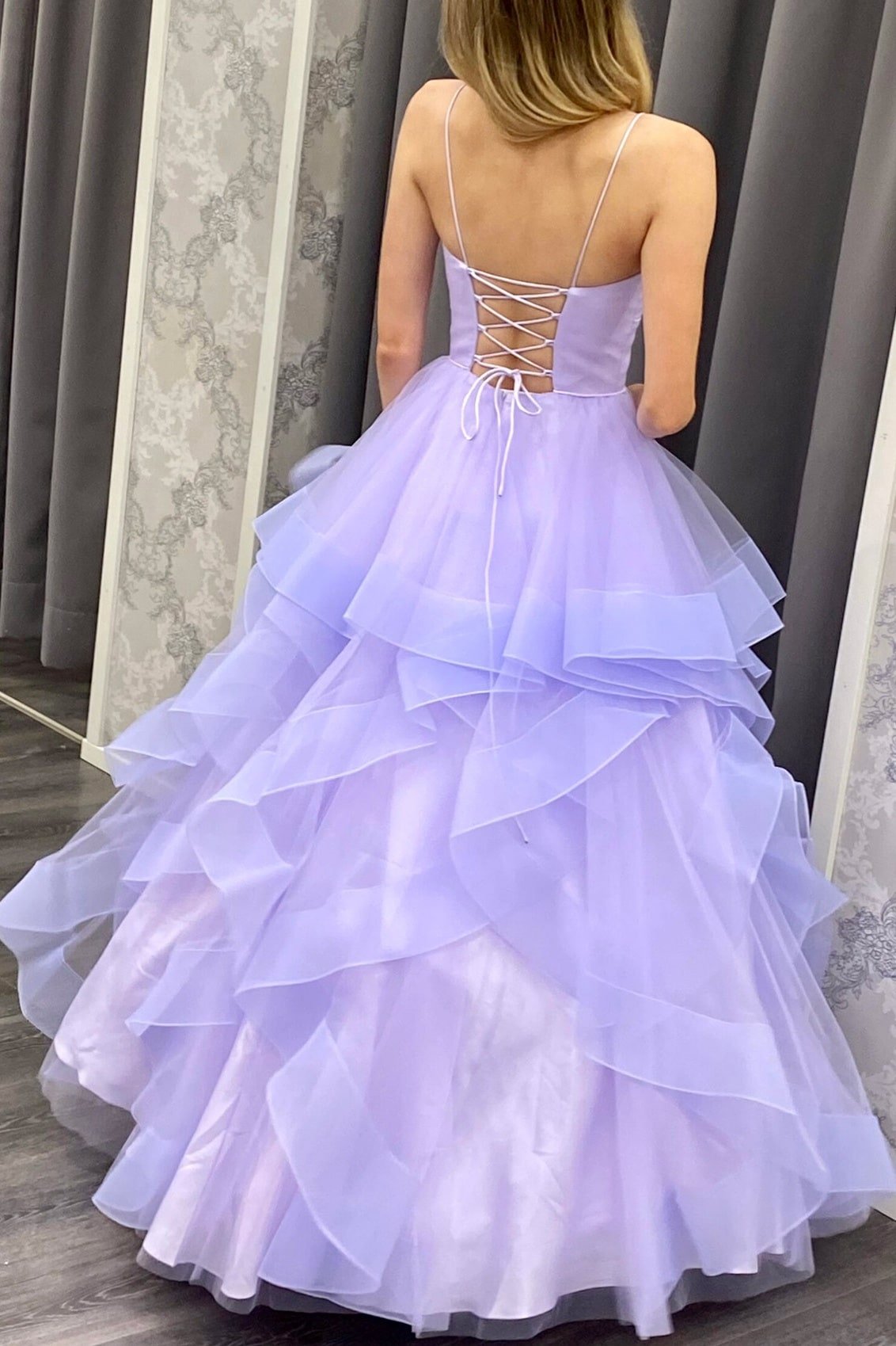 A-line V Neck Spaghetti Straps Long/Floor-Length Tulle Prom Dresses With Ruffles