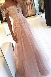 A-Line/Princess Off-the-Shoulder Sleeveless Prom Dresses Floor-Length Applique Tulle Evening Gowns