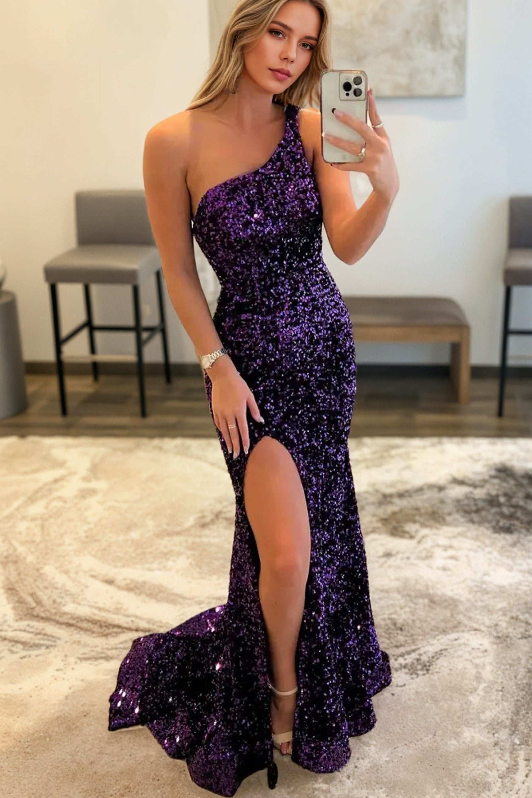 Sheath/Column Velvet Sequins One-Shoulder Sleeveless Sweep/Brush Train Prom Dresses