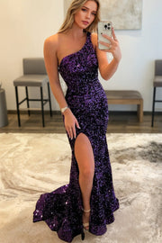 Sheath/Column Velvet Sequins One-Shoulder Sleeveless Sweep/Brush Train Prom Dresses