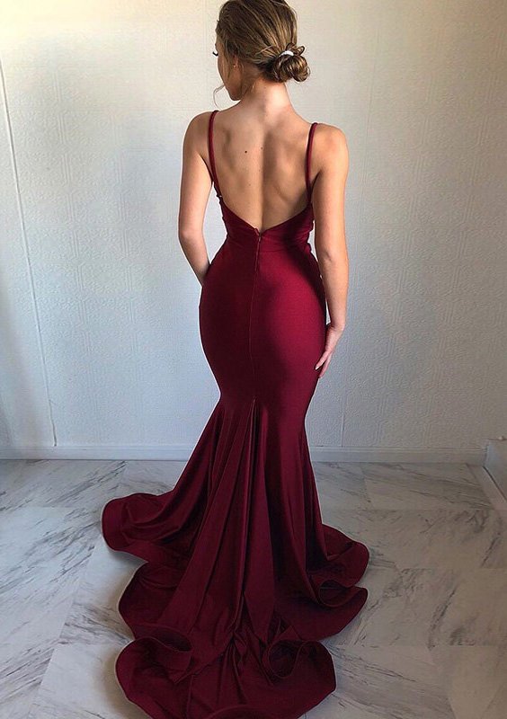 Trumpet/Mermaid V Neck Sleeveless Court Train Charmeuse Prom Dresses
